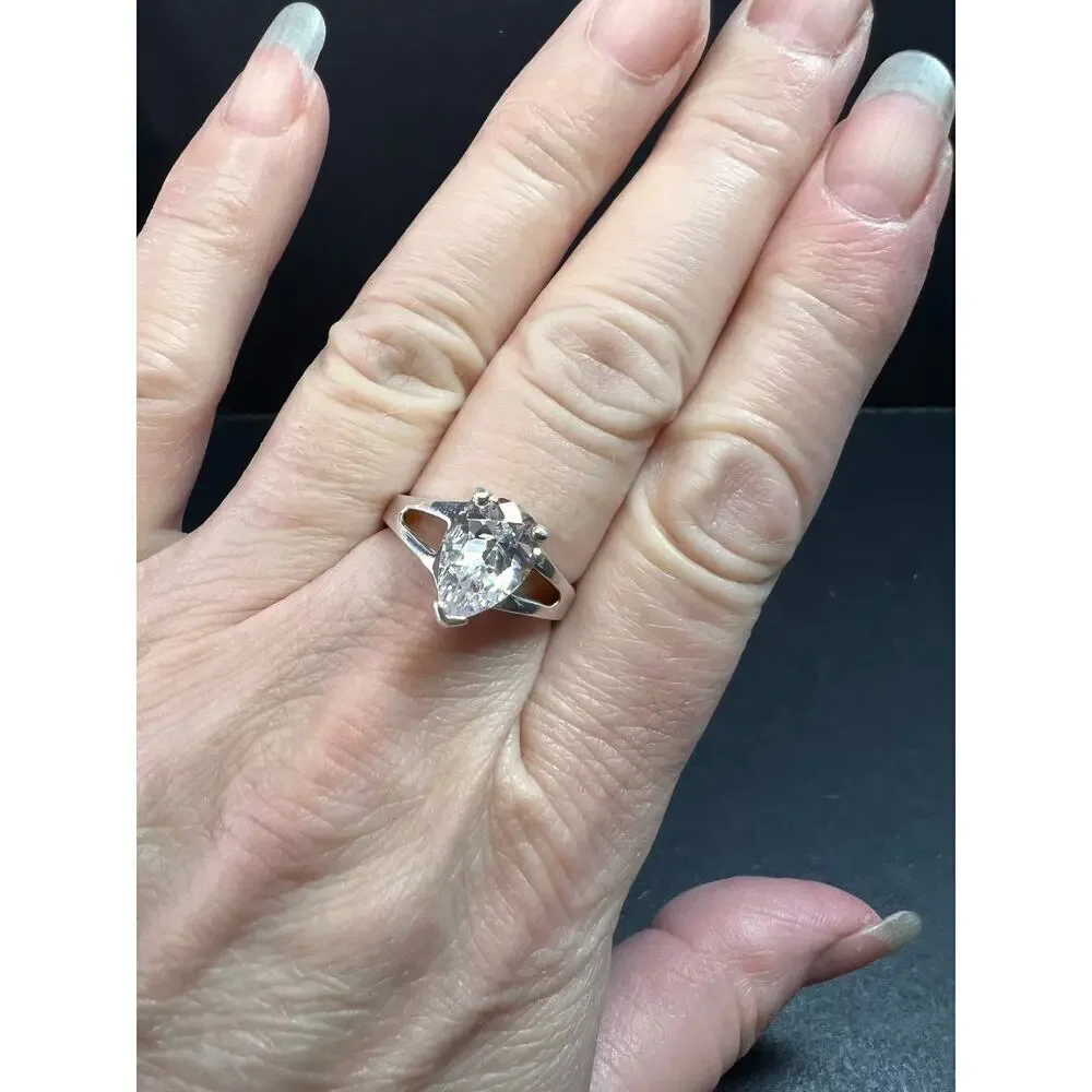 Vintage CZ Pear Solitaire in Sterling Silver, Open Gallery Split Shank, Size 9